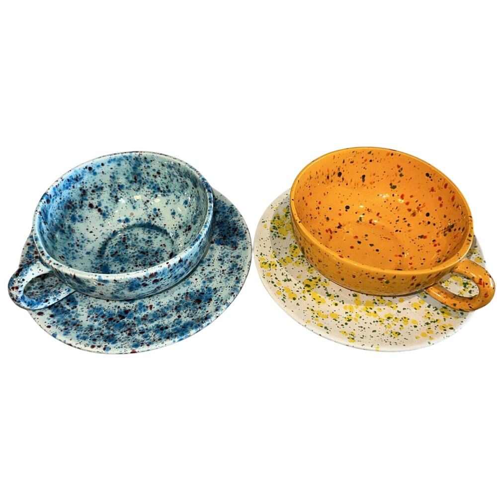 4pc New Vintage Handmade Ceramic Plate‎ Large Cup Mug Bowl Speckled Orange Blue